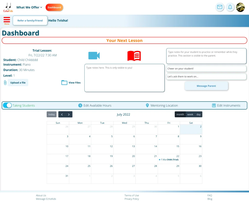 Legacy EchoKids mentor dashboard with hidden navigation