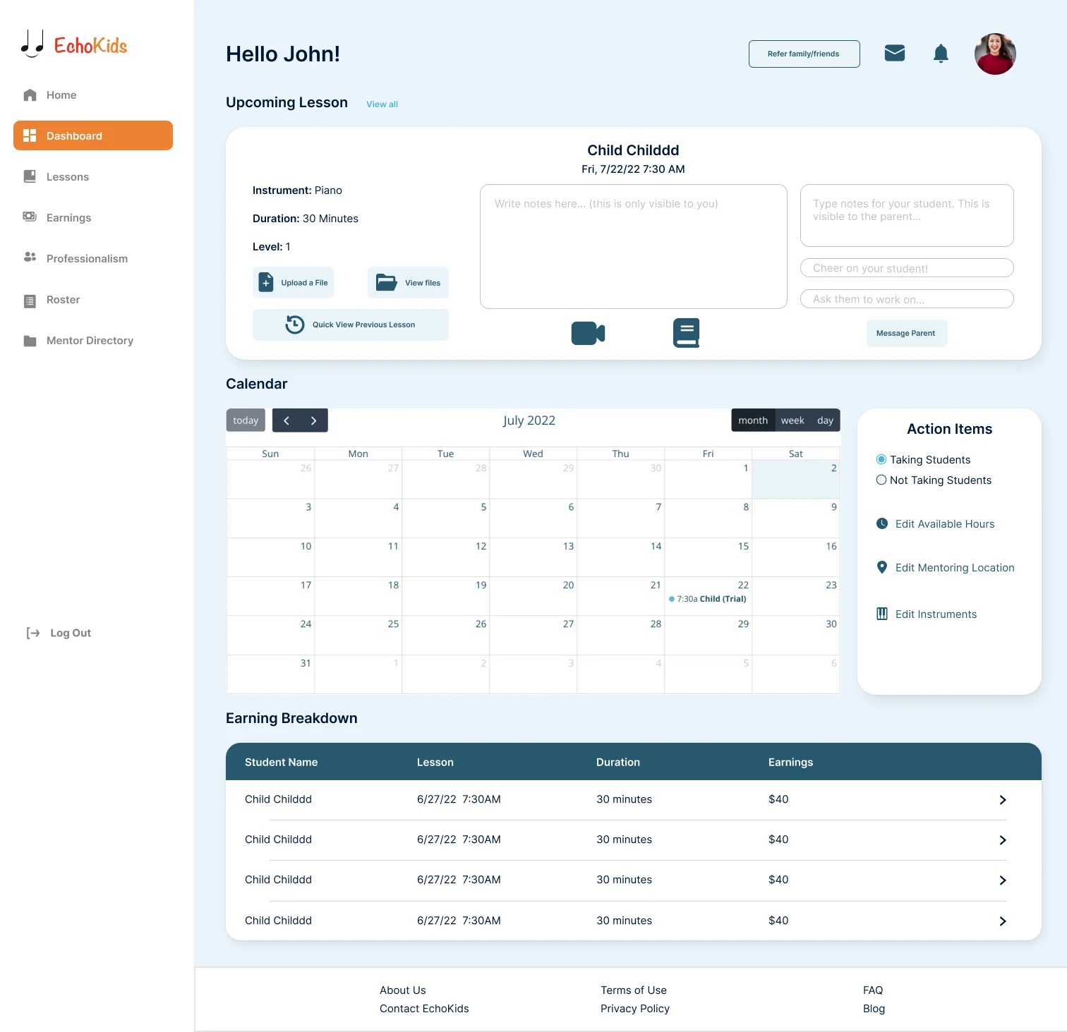 After: Redesigned EchoKids mentor dashboard with persistent sidebar and modular cards