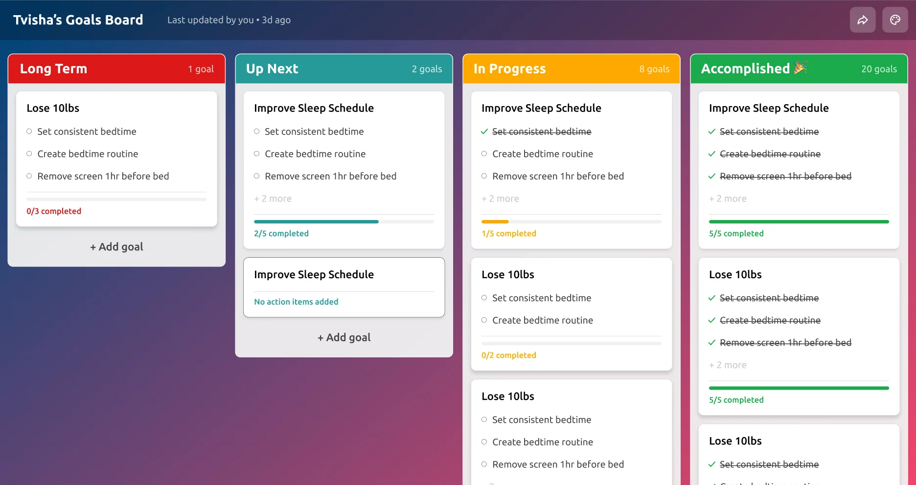 Interactive Goals Board Kanban Layout